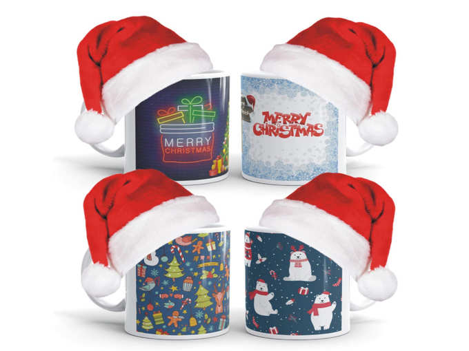 Christmas Gift Items Set of 4 Printed Coffee Mugs with 4 Christmas Caps