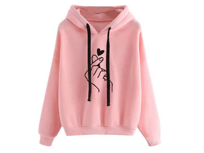 XuBa Women Fashion Heart-shaped Hand Printing Loose Casual Hoodies