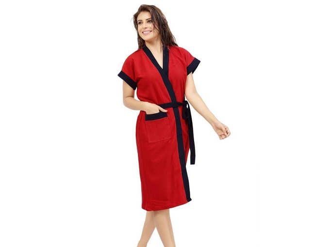 Cotton Double Shaded Bathrobe (Red and Navy Blue, Free Size)