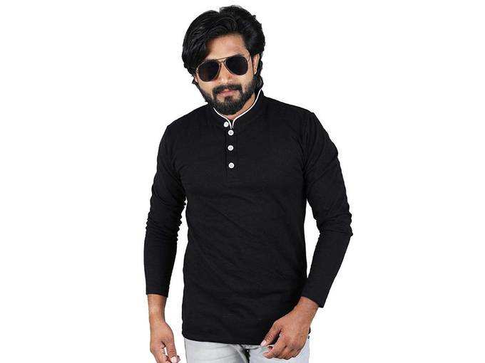 Mens Black T-Shirt Full Sleeve with CHINES Collar