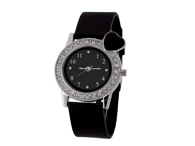 Black Heart Diamond Studded Watch for Women