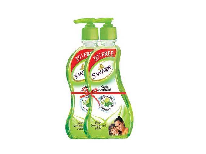 Santoor Gentle Hand Wash - 215 ml (Fresh Sweet Lime Peel and Tulsi, Buy 1 Get 1 Free)