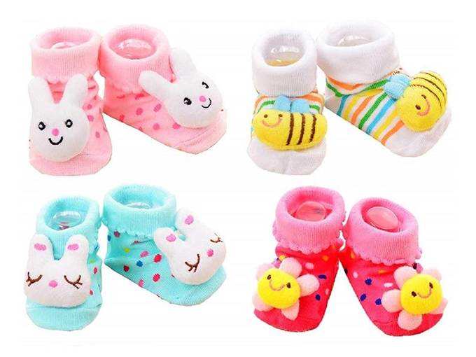 4 pairs Cartoon Baby Booties Socks Slippers 0-6 Months