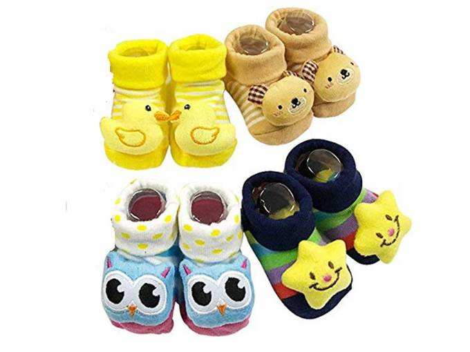 BabyGo Pack of 4 pairs Cartoon Baby Booties Socks Slippers 0-6 Months