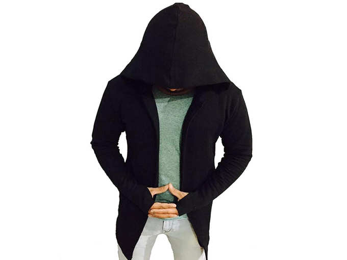 PAUSE Black Solid Cotton Hood Slim Fit Full Sleeve Mens Cardigan