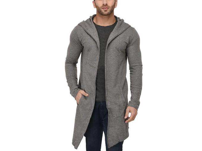 Mens Cotton Hooded Long Line Cardigan