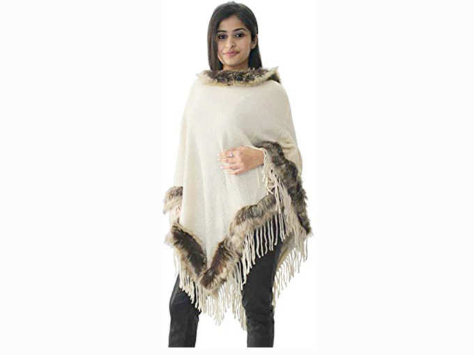 Matelco Women&#39;s Designer Woollen Long Poncho with Heavy Fur Designing