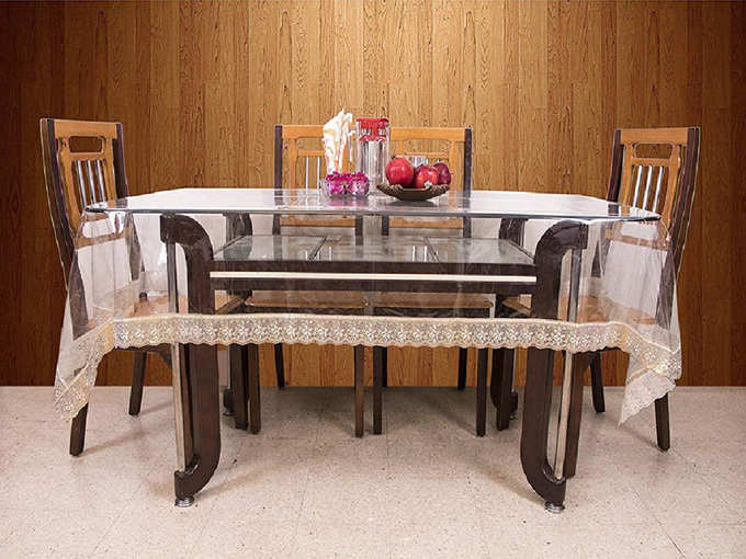 Kuber Industries™.20mm Dining Table Cover Transparent 6 Seater 60x90 Inches (Golden Lace) VAR15
