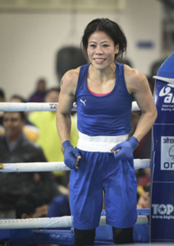 New Delhi: Boxer Mary Kom during her bout against Nikhat Zareen in the 51kg cate...