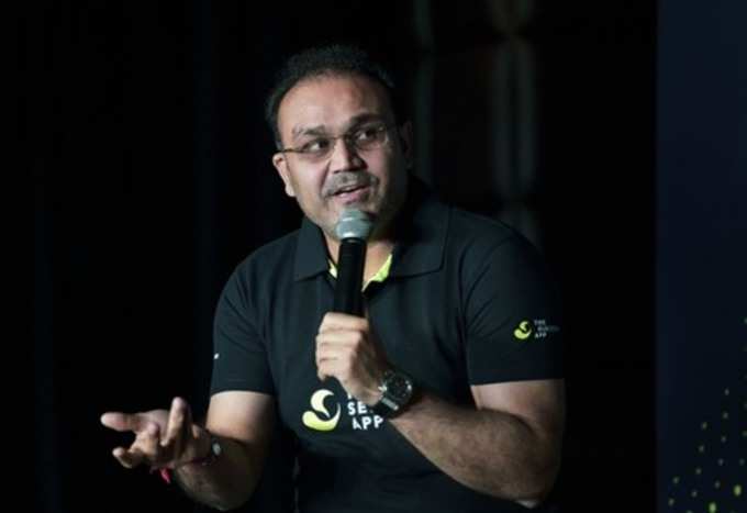 New Delhi: Former Indian cricketer Virender Sehwag speaks during the launch of ...