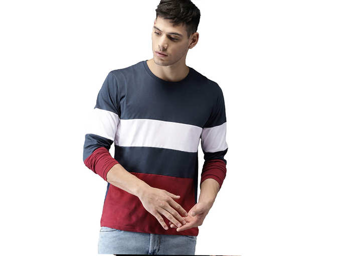 Men&#39;s Color Block Full Sleeve Helnly Neck Cotton T-Shirt - Multicolor