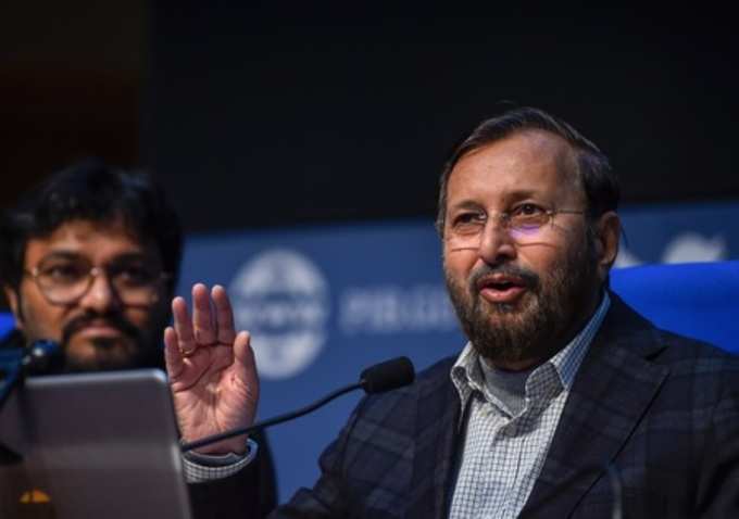 New Delhi: Information and Broadcasting Minister Prakash Javadekar addresses a c...