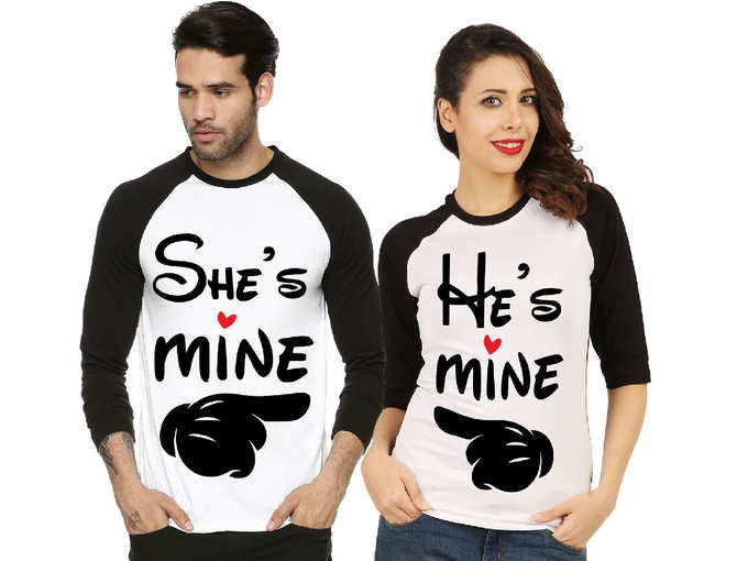 Raglan Cotton She&#39;s Mine and He&#39;s Mine Printed Couple T Shirt