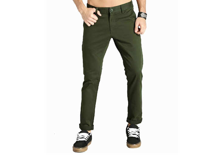 Dark Green Regular Fit Men&#39;s Cotton Casual Trousers