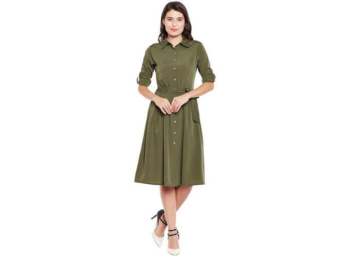Women&#39;s Olive Green Poly Crepe Shirt Dress with Belt