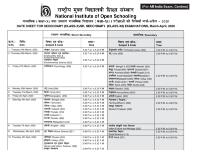 NIOS Date Sheet 2020: 10वीं-12वीं की संशोधित डेट शीट जारी, 24 मार्च से पेपर शुरू