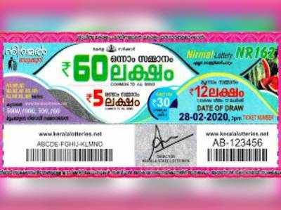 NR 162 Lottery: നിര്‍മല്‍ ലോട്ടറി നറുക്കെടുപ്പ് ഇന്ന് മൂന്ന് മണിയ്ക്ക്