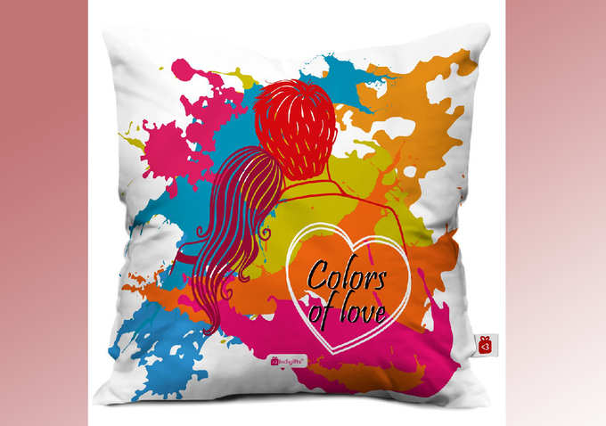 Indigifts Holi Special Colors of Love Quote Hand Drawn Couple Illustrated on Splash of Colors Multi Cushion Cover 12x12 inch with Filler - Holi Gifts, Holi...