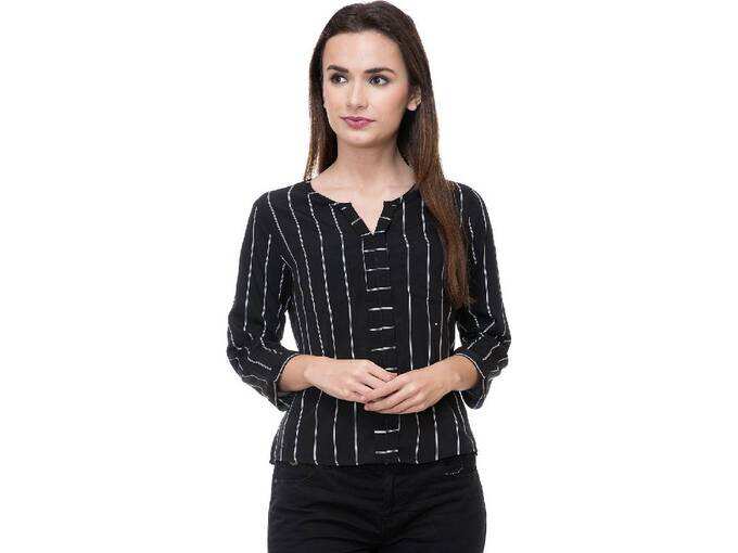 Black &amp; White Polycrepe Casual Tops for Women