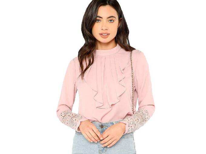 Casual Full Sleeve Keyhole Back Insert Lace Ruffle Top