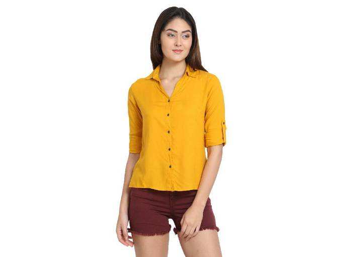Women Mustard Rayon Regular Fit Formal &amp; Casual Shirt with Roll Up Sleeves