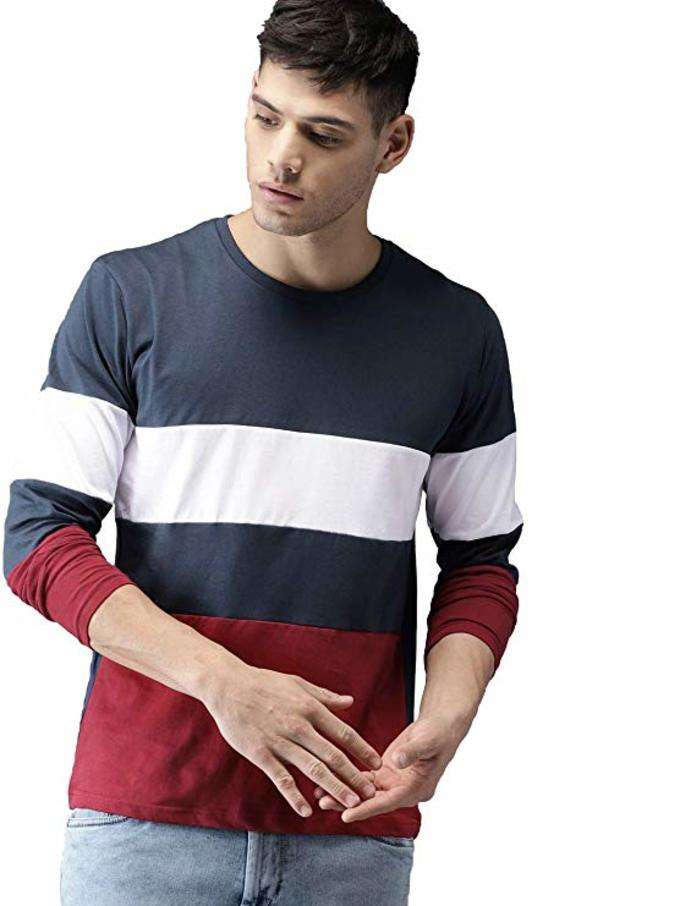Veirdo Men&#39;s Color Block Full Sleeve Helnly Neck Cotton T-Shirt - Multicolor