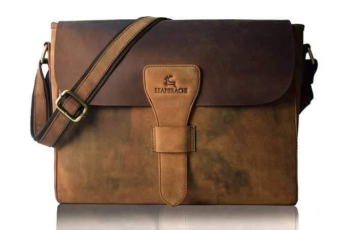 Leaderachi Hunter Leather Laptop Crossbody Messenger Bag [Brown]