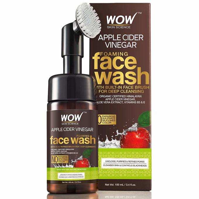 WOW Organic Apple Cider Vinegar Foaming Face Wash with Built-In Brush - No Parabens, Sulphate and Silicones, 100 ml