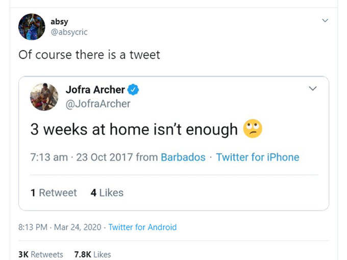 जोफ्रा आर्चर का ट्वीट वायरल