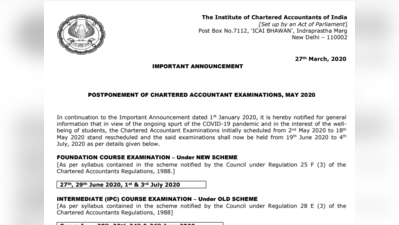 CA Exam Postponed 2020: सीए कोर्स के सभी एग्जाम टले, नई डेट जारी