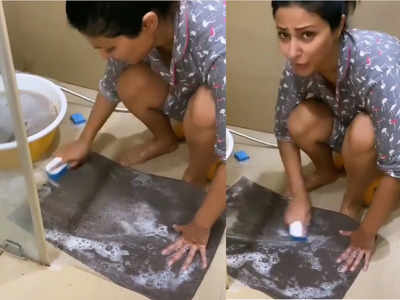 घर का डोरमेट साफ करने में छूटे हिना खान के पसीने, वीडियो में दिखाया हाल