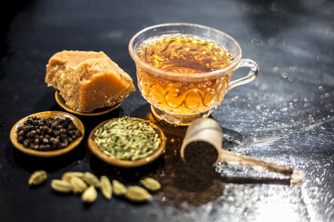 Jaggery tea with ingredients