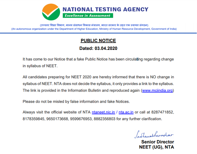 NTA NEET UG 2020 Syllabus Notice
