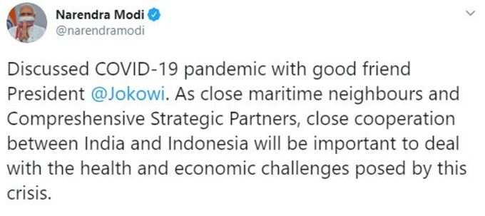 पीएम मोदी ने फोन करके इंडोनेशिया के राष्ट्रपति से की बात, दोनों नेताओं ने स्वास्थ्य और आर्थिक चुनौतियों से मिलकर लड़ने की प्रतिबद्धता जताई।