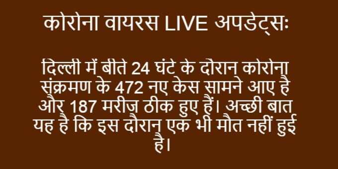 दिल्ली में 24 घंटे में 472 नए केस, कुल 8,470