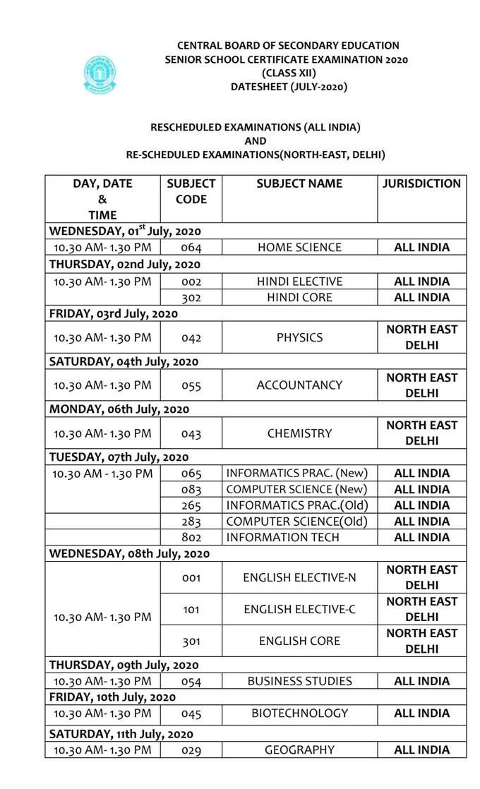 CBSE Date sheet