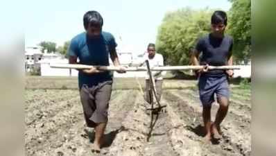 લોકડાઉનઃ ખેડૂતે દીકરાઓને બનાવ્યા બળદ,  હળેથી જોતરી અને ખેડ્યૂં ખેતર
