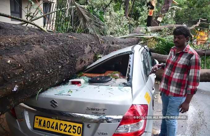 ಮರ ನೆಲಕ್ಕುರುಳಿದ ಪರಿಣಾಮ ಸಂಪೂರ್ಣ ನಜ್ಜುಗುಜ್ಜಾದ ಕಾರು