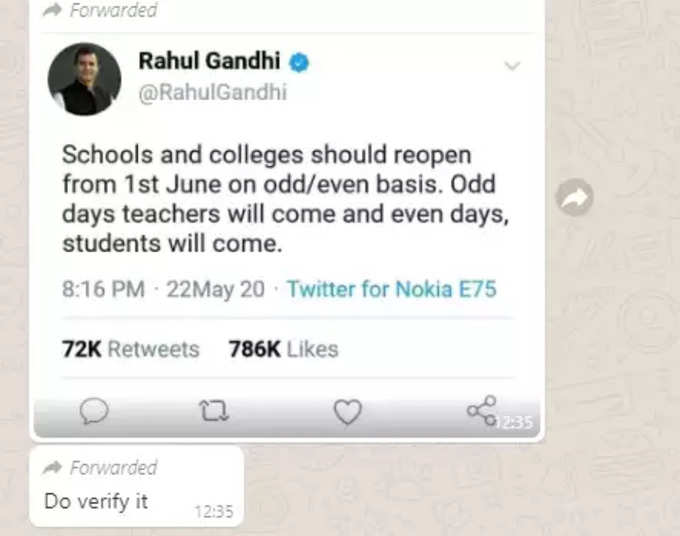 FAKE ALERT: Rahul Gandhi did not tweet odd-even scheme for reopening schools amid coronavirus lockdown