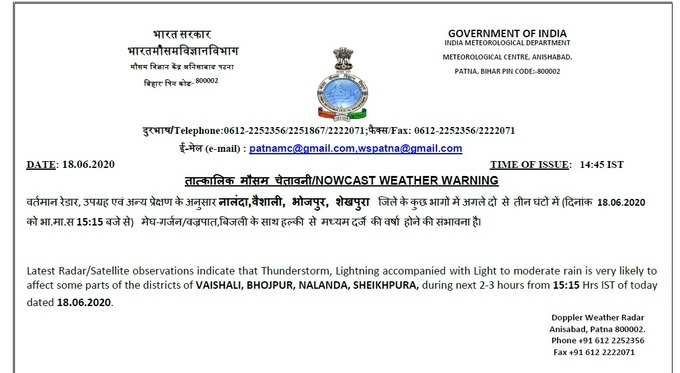 नालंदा, वैशाली, भोजपुर और शेखपुरा जिलों के लिए मौसम विभाग का अलर्ट, यहां देखें..
