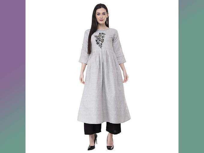 AnjuShree Choice Women Stitched Embroided Grey Cotton Anarkali Kurti