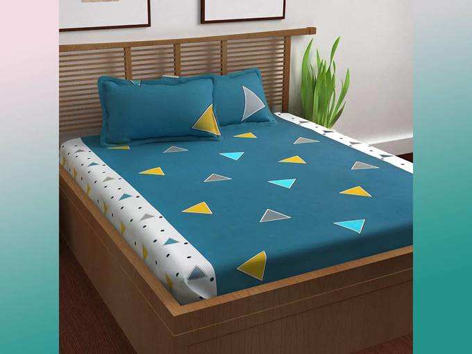 Story@Home 100% Cotton Prism Collection Triangles Geometric Pattern 1 Double Bedsheet with 2 Pillow Cover - Blue कपास डबल बेडशीट