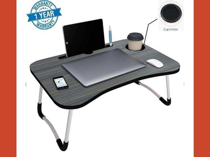 Callas Multipurpose Foldable Laptop Table with Cup Holder, Study Table, Bed Table, Breakfast Table, Foldable and Portable/Ergonomic &amp; Rounded Edges/Non-Slip Legs, CA025, Black