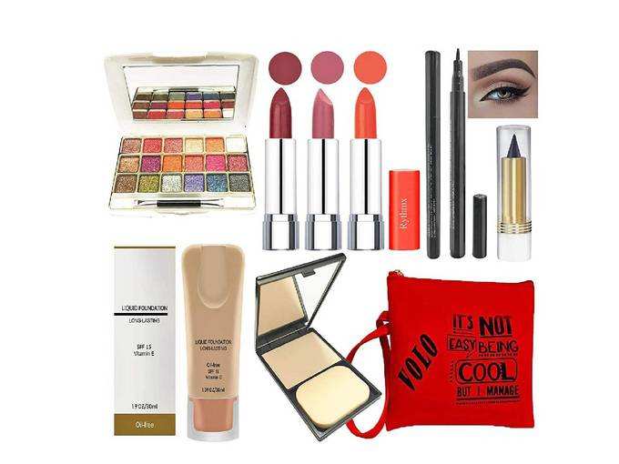 volo All In One Professional Women&#39;s Makeup Kit (3 Pcs Lipsticks,1 Eye Shadow, 1 Foundation,1 Eyeliner, 1 Compact, 1 Kajal, 1 Pouch) Set of 9 Pcs (orange)