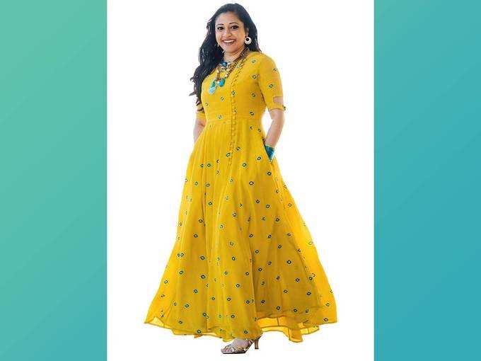 Arayna Women&#39;s Rayon Long Embroidered Kurti, Yellow