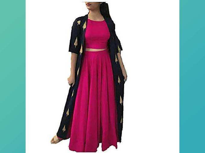 Md Textiles Rayon Kurti Skirt with Shrug For Girls, Women, Ladies Golden and Pink