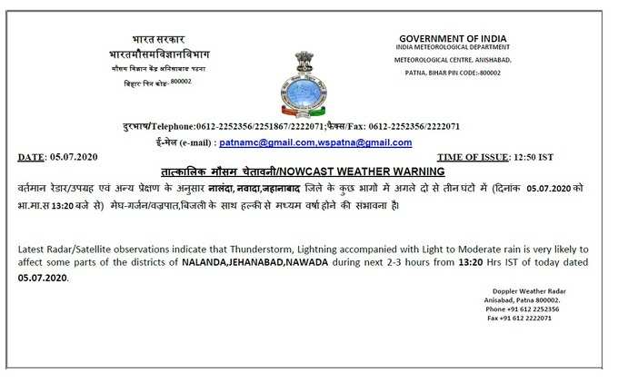 नालंदा, जहानाबाद, नवादा जिलों के लिए मौसम विभाग का ताजा अलर्ट... यहां देखें