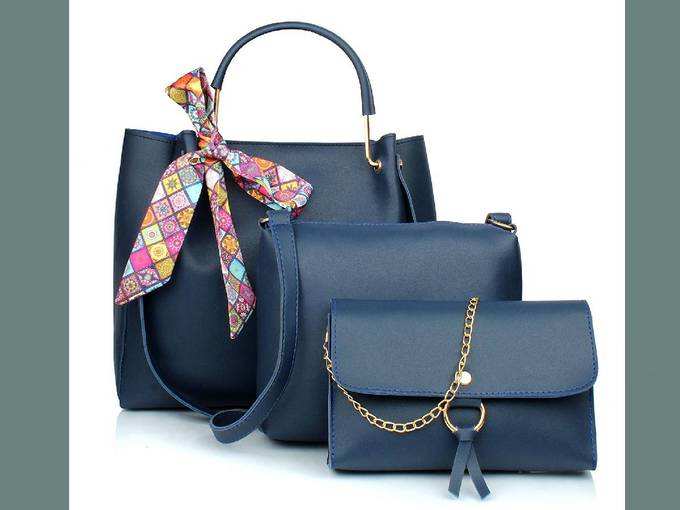 Mammon Women&#39;s Blue PU Leather Handbag Combo (3ribn-blue-tie)