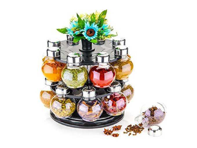Mr Products Plastic Multipurpose Revolving Spice Jar/ Condiment Set Rack, 250 ml, 16 Pieces, Multicolor