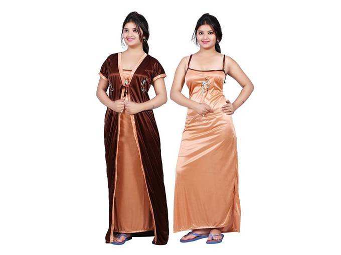 TRUNDZ Womens Satin Full Length Nighty (Cream and Brown, 536)